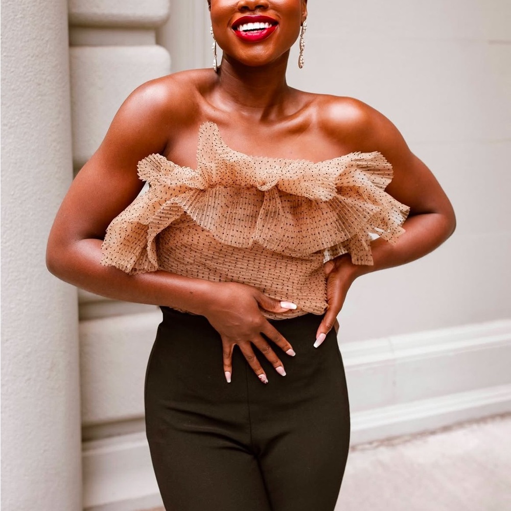 Light pink/nude + black polkadot tulle strapless top